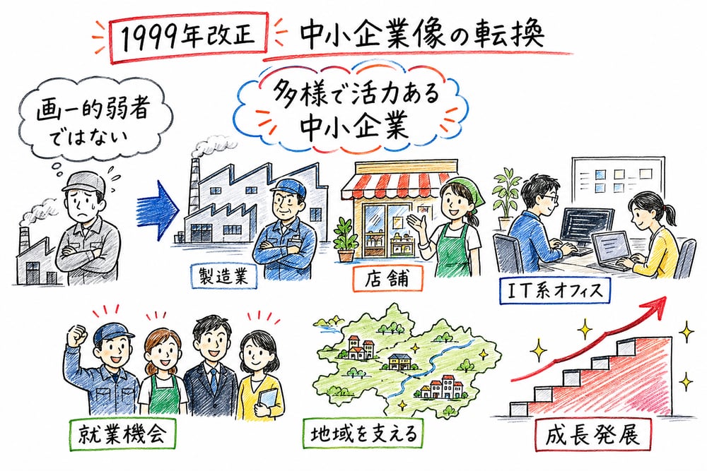 1999年改正後の中小企業が、多様で活力ある成長主体として捉え直されたことを示す図解