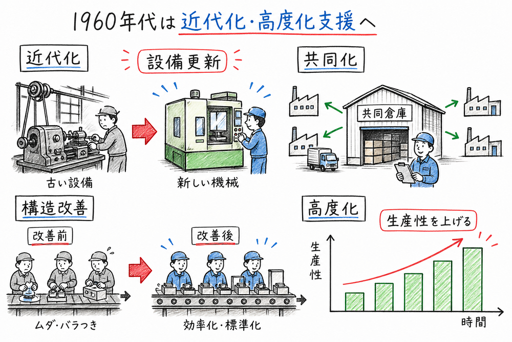 設備更新、共同化、構造改善によって中小企業の近代化と高度化を進める政策を示した図解