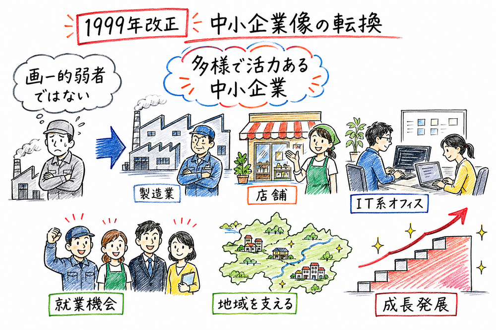 1999年改正後の中小企業が、多様で活力ある成長主体として捉え直されたことを示す図解