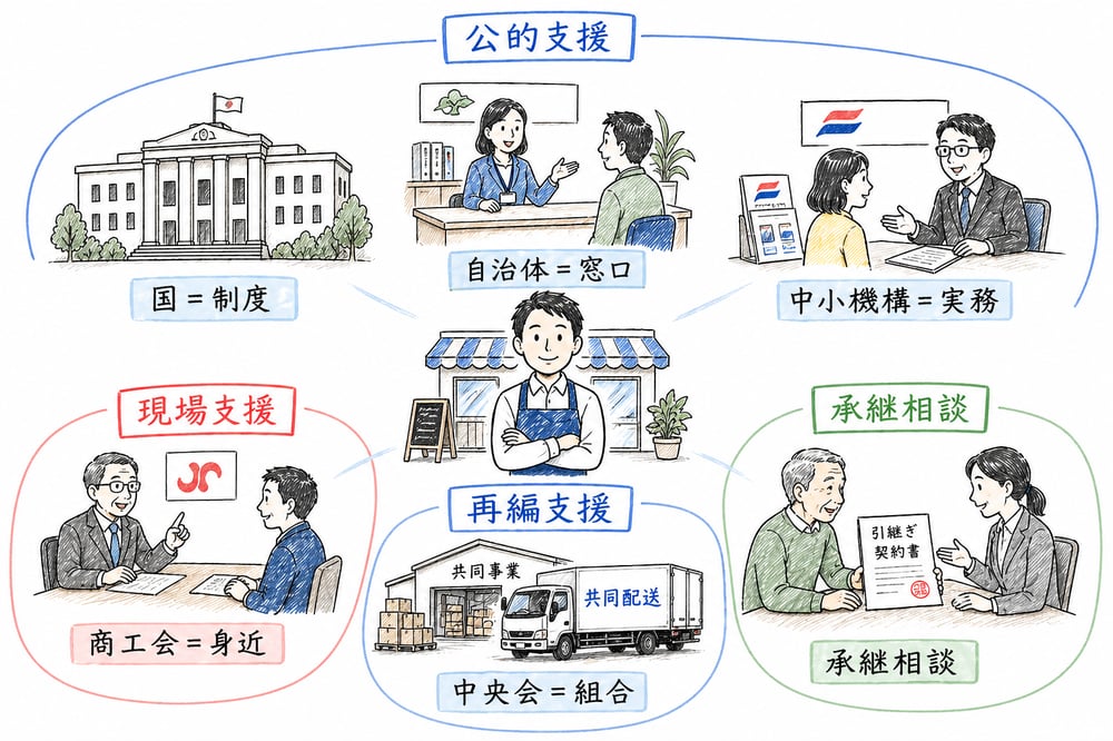 国、自治体、中小機構、商工会議所、中央会、事業承継支援の役割を一枚で整理した図解
