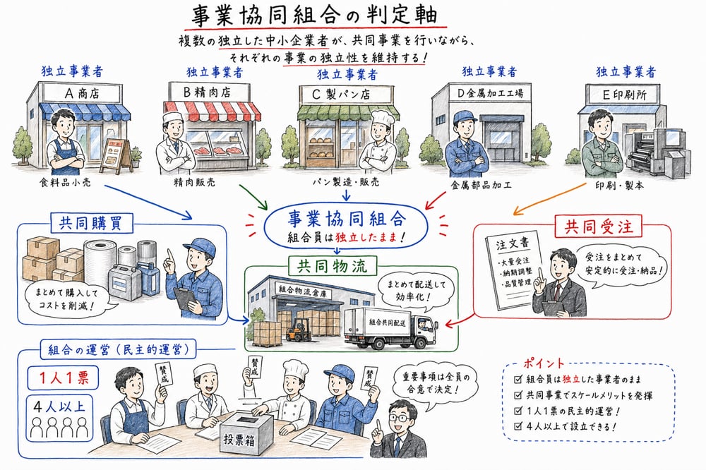 事業協同組合の共同購買や共同物流と一人一票の原則を整理した図解