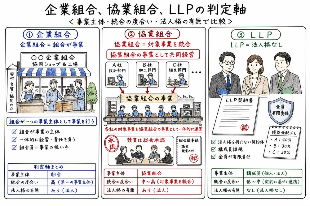 企業組合、協業組合、LLPの事業主体や法人格の違いを比べた図解