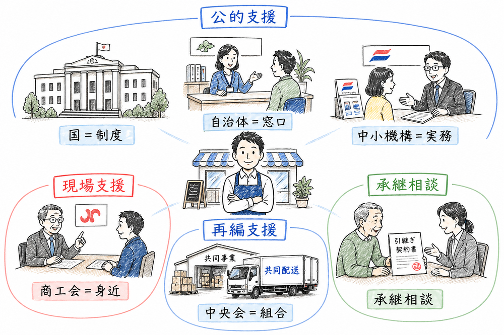 国、自治体、中小機構、商工会議所、中央会、事業承継支援の役割を一枚で整理した図解