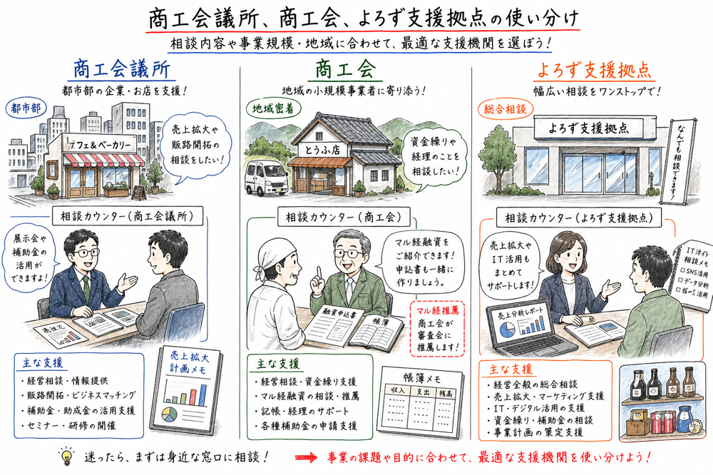 商工会議所、商工会、よろず支援拠点の相談場面と違いを比較した図解