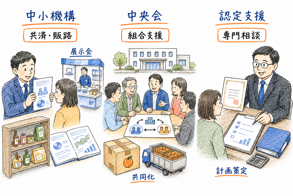中小機構、中央会、認定経営革新等支援機関の支援対象と役割の違いを整理した図解