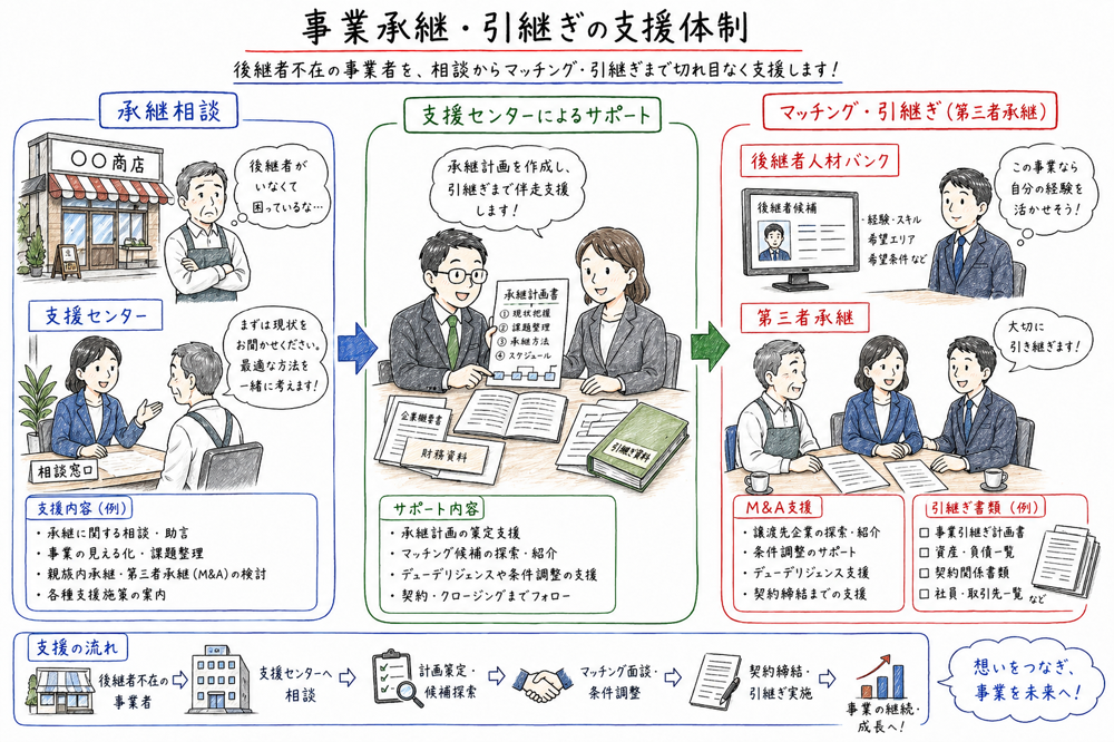 事業承継・引継ぎ支援センターと後継者人材バンクの支援の流れを示した図解