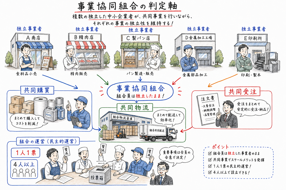 事業協同組合の共同購買や共同物流と一人一票の原則を整理した図解