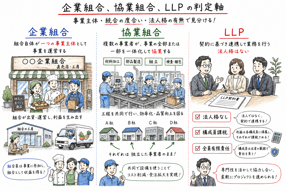 企業組合、協業組合、LLPの事業主体や法人格の違いを比べた図解