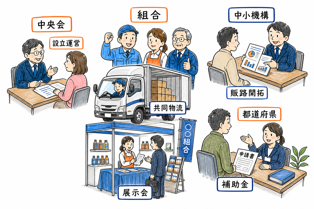 組合向け補助事業と中央会・中小機構・都道府県の関わりを示した図解