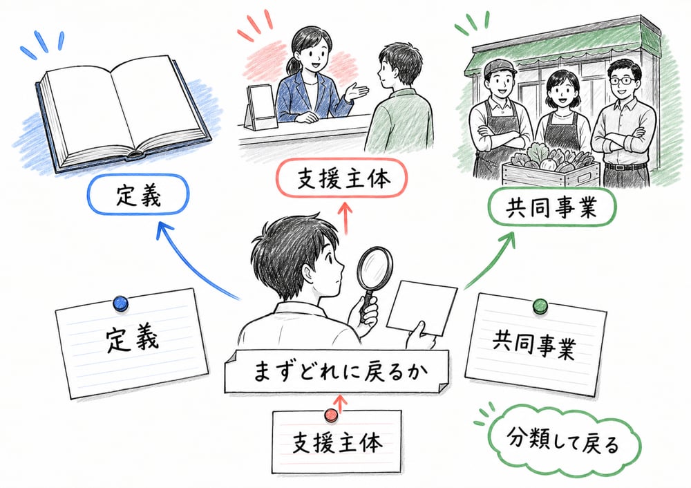 問題文を読んで定義、支援主体、共同事業のどれへ戻るかを選ぶ図解