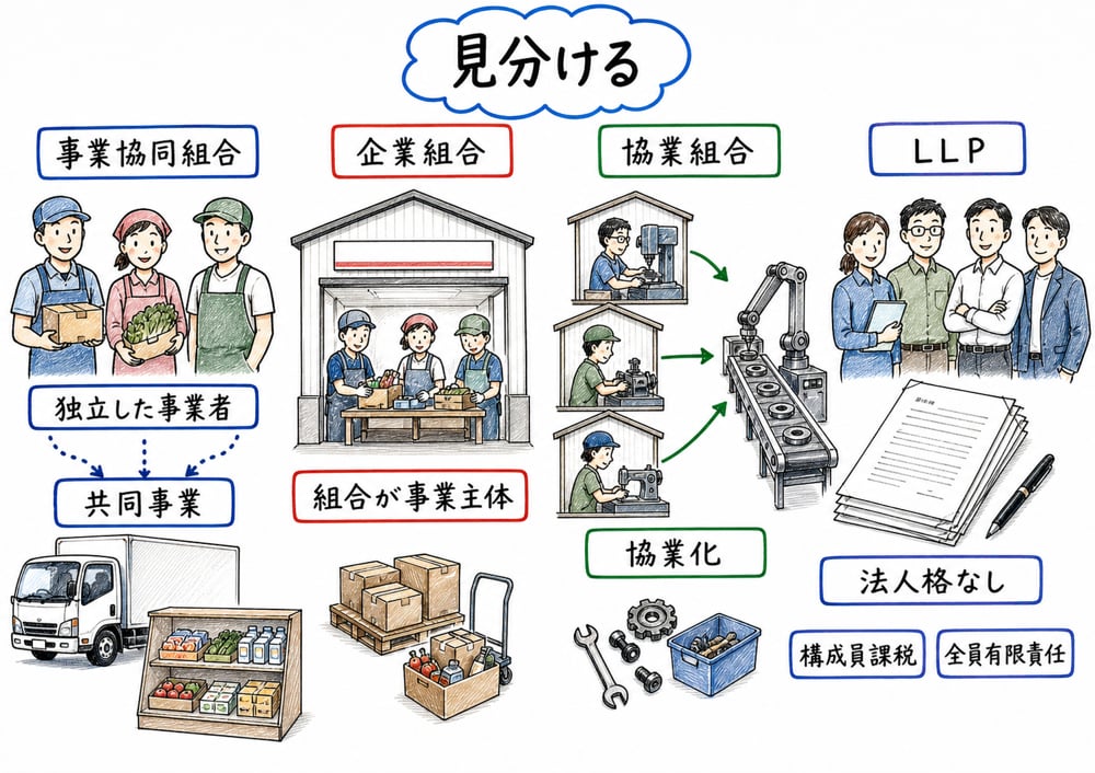 事業協同組合、企業組合、協業組合、LLPを独立性や法人格の有無で見分ける図解