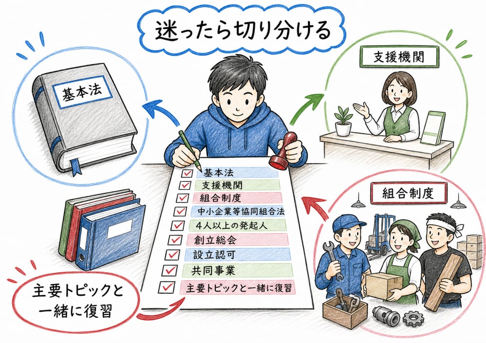 迷ったら基本法、支援機関、組合制度へ切り分けて主要トピックと一緒に復習する図解