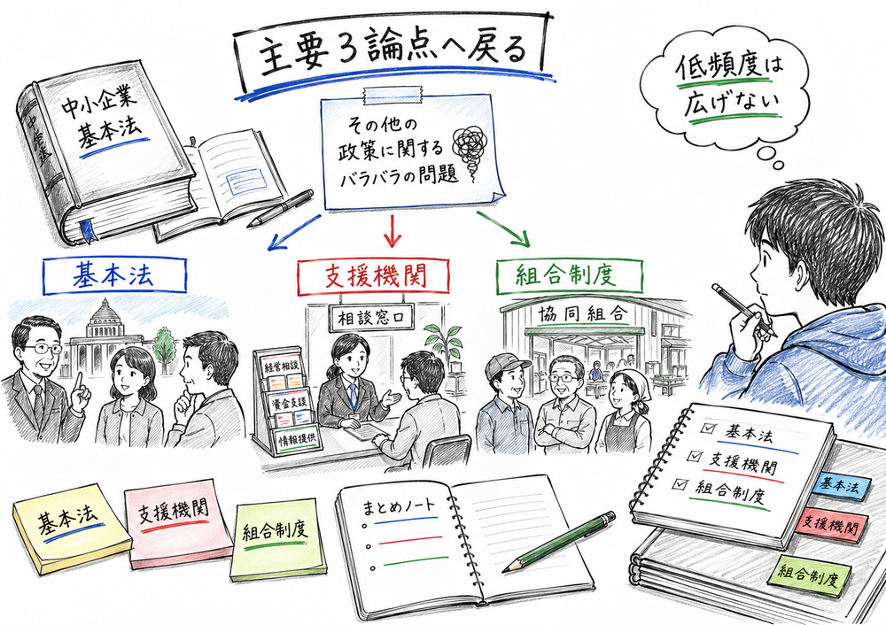 低頻度のその他論点を中小企業基本法、支援機関、組合制度の3つへ戻して整理する図解