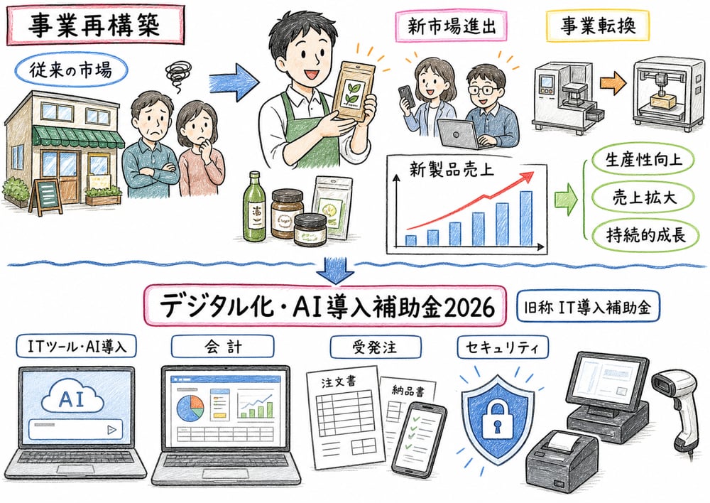 新市場進出、事業転換、新製品売上とデジタル化・AI導入補助金2026の対象ツールを整理する図解