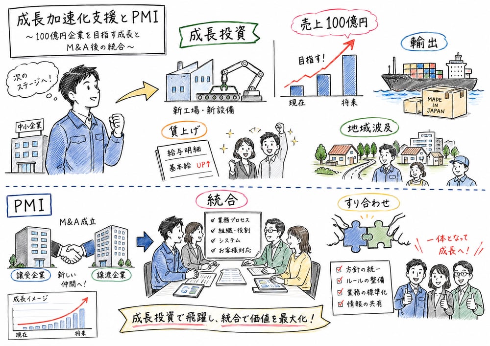売上100億円を目指す成長投資と、M&A後の統合・すり合わせを分けて理解する図解