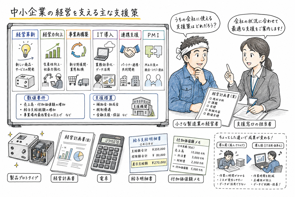 経営革新、新市場進出、IT導入、連携支援、PMI、数値要件を一枚で見分ける図解