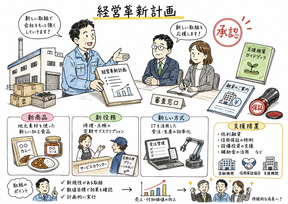 新商品、新役務、新しい生産販売方式と承認後の支援措置を対応づける図解