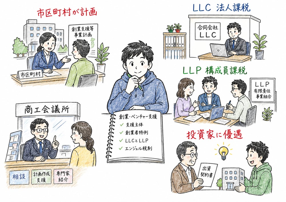 創業支援の主体、創業者特例、LLCとLLP、エンジェル税制の対象を整理する図解