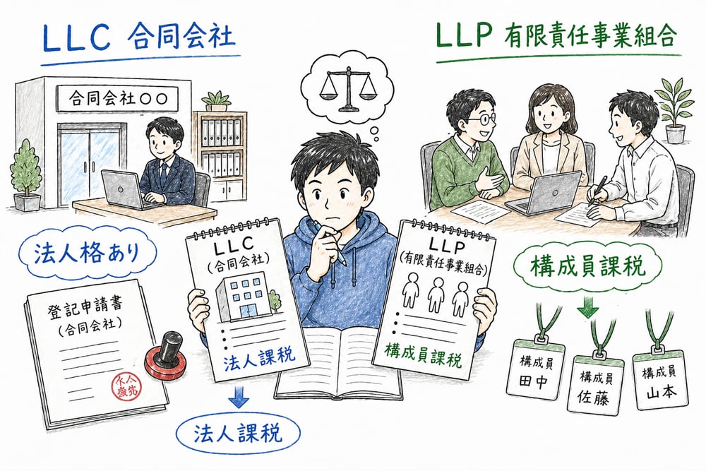 LLCの法人課税とLLPの構成員課税を比較する図解
