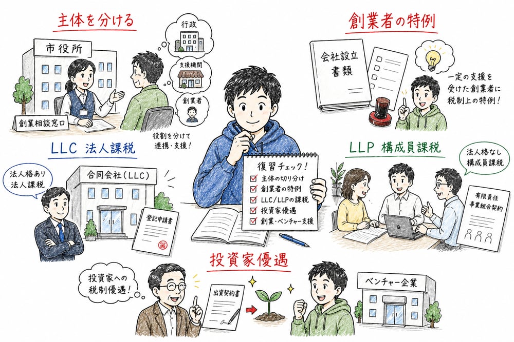 創業支援の主体、創業者特例、LLCとLLP、投資家向け優遇を総復習する図解