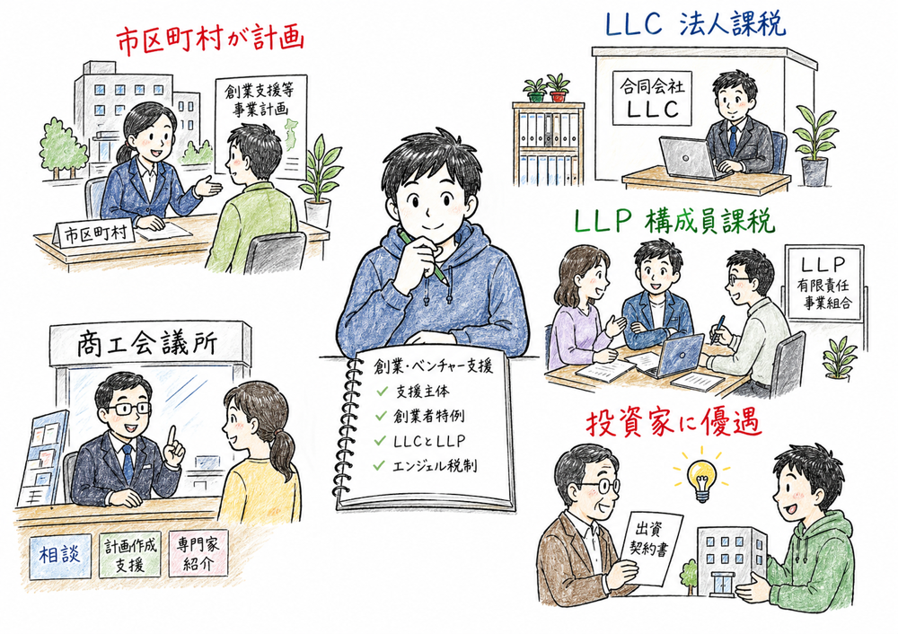 創業支援の主体、創業者特例、LLCとLLP、エンジェル税制の対象を整理する図解