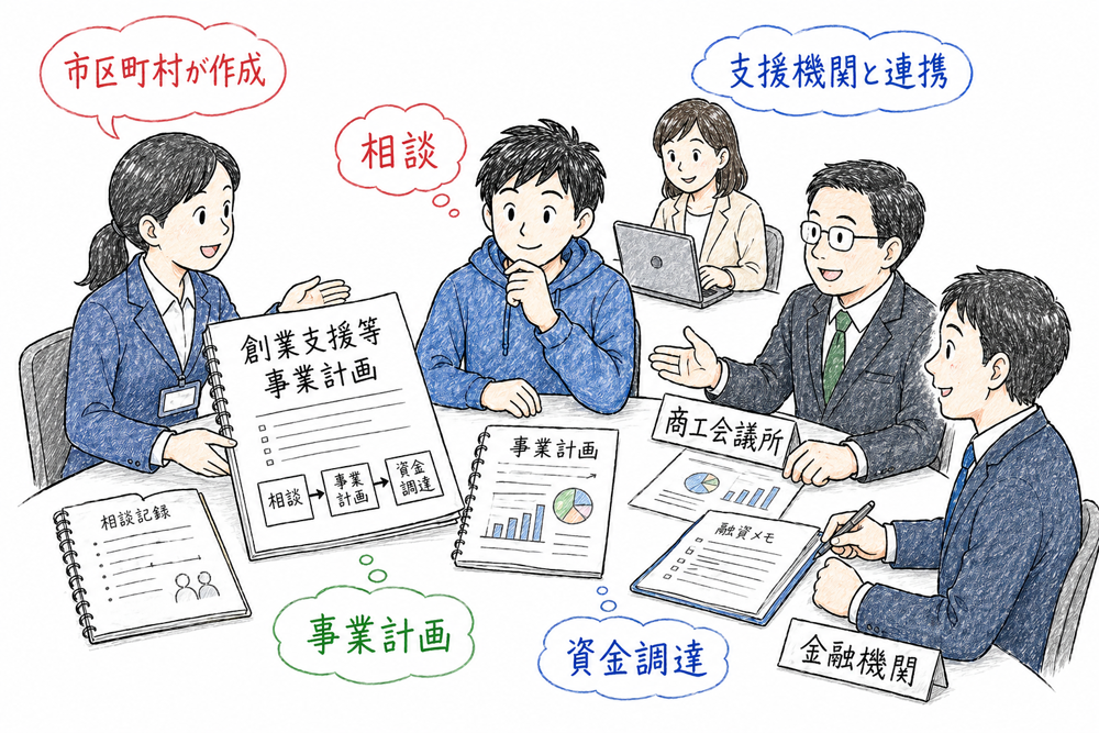 市区町村が商工会議所や金融機関と連携して創業支援等事業計画を作る場面の図解