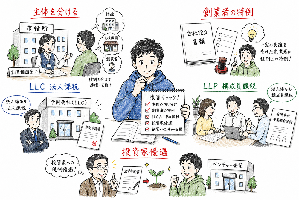 創業支援の主体、創業者特例、LLCとLLP、投資家向け優遇を総復習する図解