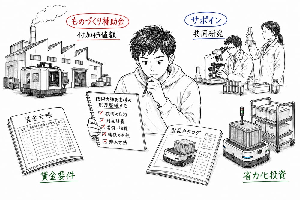 技術力強化支援で、ものづくり補助金、サポイン、省力化投資、賃上げ要件を見分ける図解