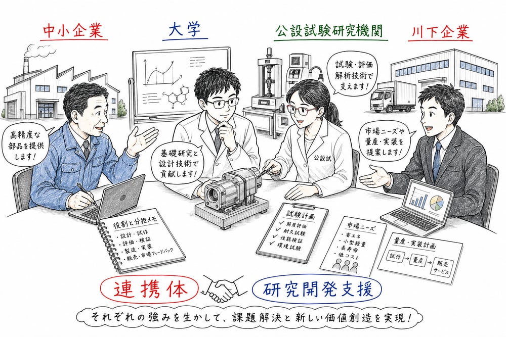 中小企業、大学、公設試験研究機関、川下企業が連携して研究開発を進める図解