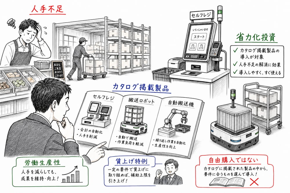 省力化投資補助事業で、人手不足とカタログ掲載製品の導入を整理する図解