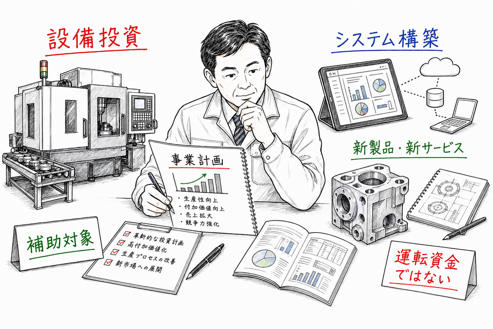 ものづくり補助金で、工場設備、システム構築、革新的な新製品開発、事業計画を整理する図解