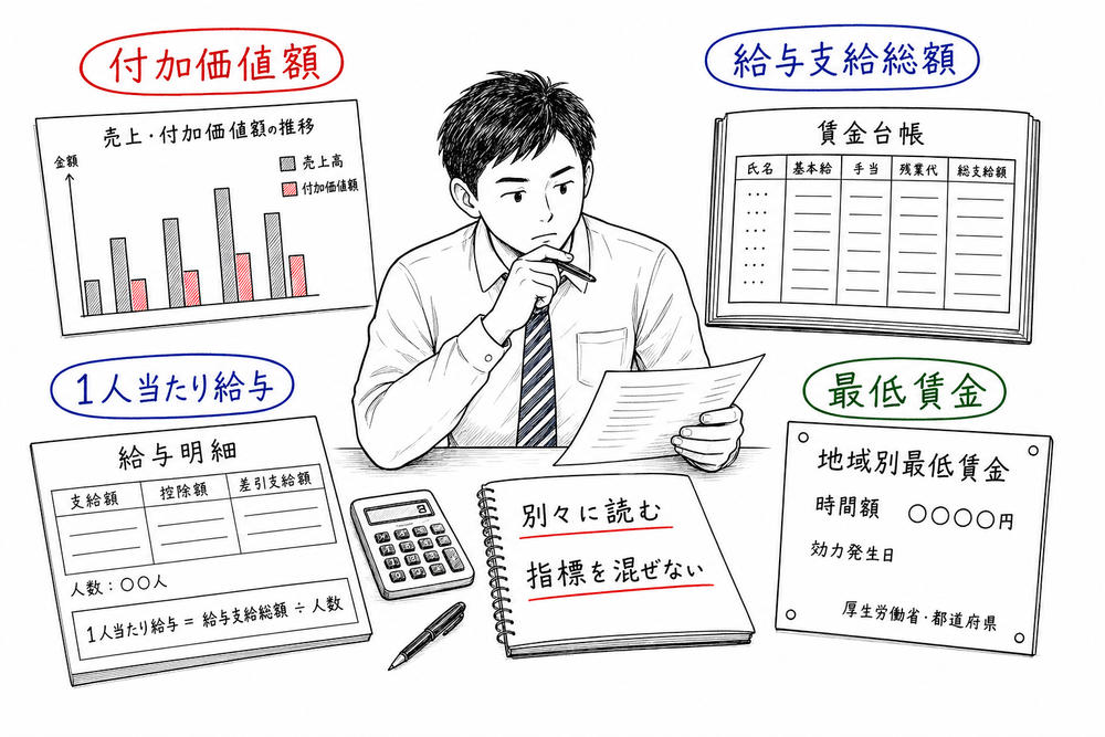 付加価値額、給与支給総額、1人当たり給与、事業場内最低賃金を分けて読む図解