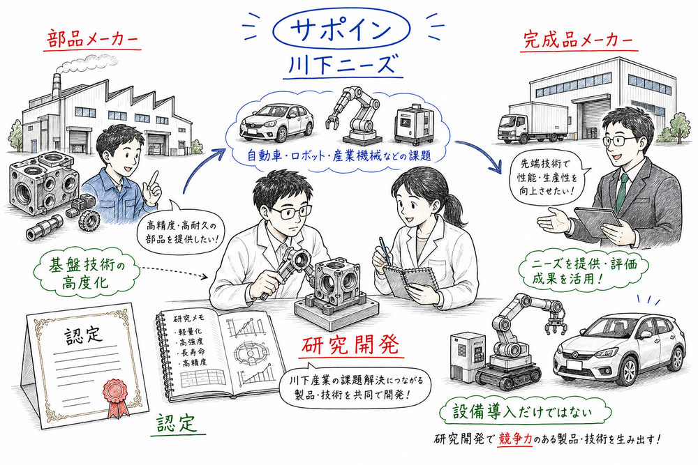 サポインで、川下産業の課題に応える研究開発と認定を整理する図解