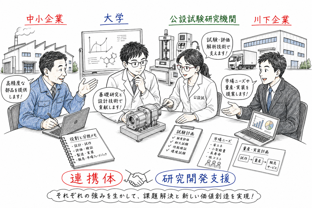 中小企業、大学、公設試験研究機関、川下企業が連携して研究開発を進める図解