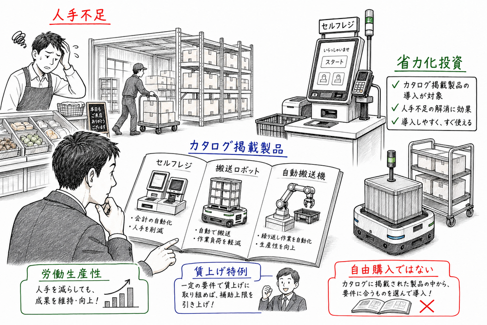 省力化投資補助事業で、人手不足とカタログ掲載製品の導入を整理する図解