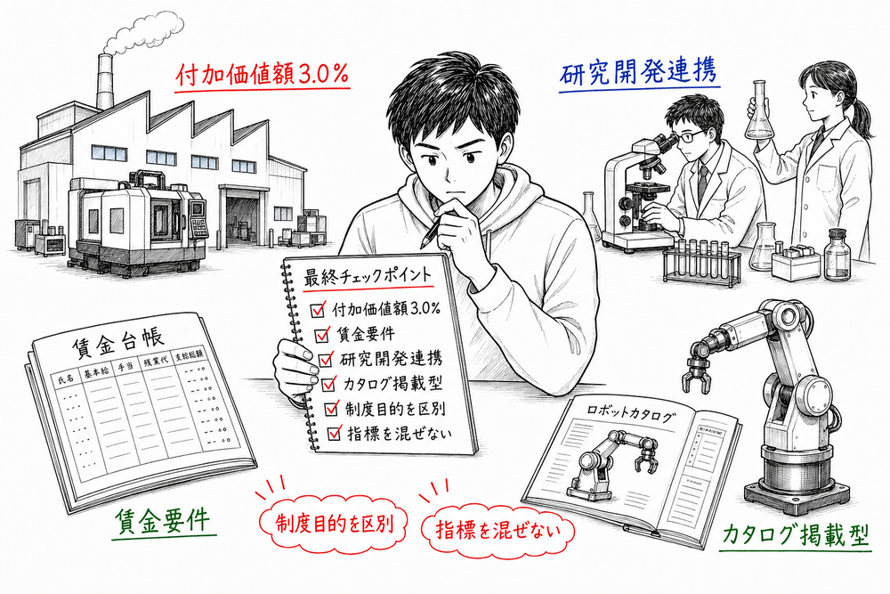 技術力強化支援で、付加価値額、賃金要件、共同研究、カタログ掲載製品を最終確認する図解