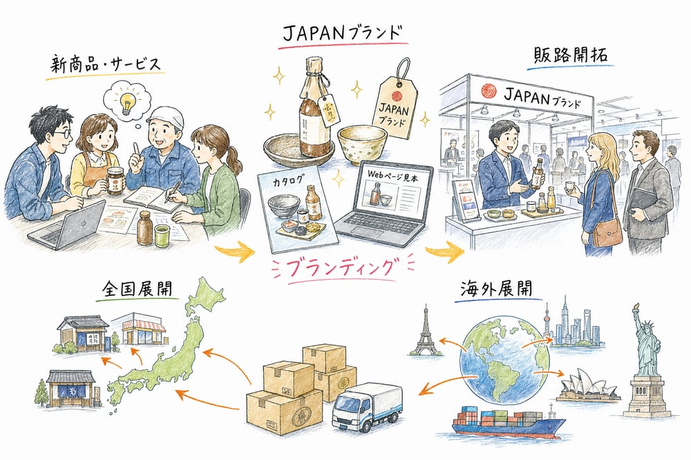 新商品開発、ブランディング、展示会や商談による販路開拓を支援する流れを示す手書き風図解