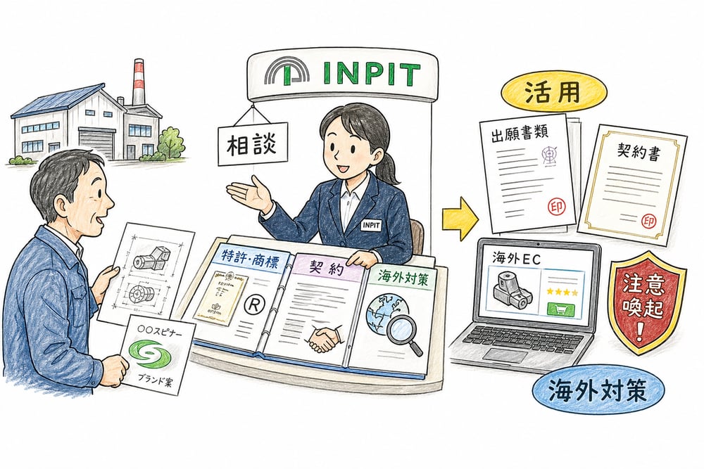 特許、商標、契約、活用、海外模倣品対策まで相談できる知財総合支援の範囲を示す手書き風図解