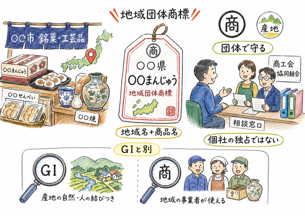 地域名と商品名の組み合わせを団体で守り、GI制度と混同しないよう整理した手書き風図解