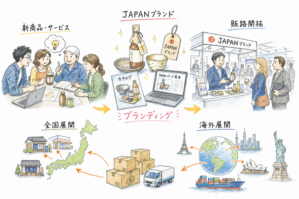 新商品開発、ブランディング、展示会や商談による販路開拓を支援する流れを示す手書き風図解