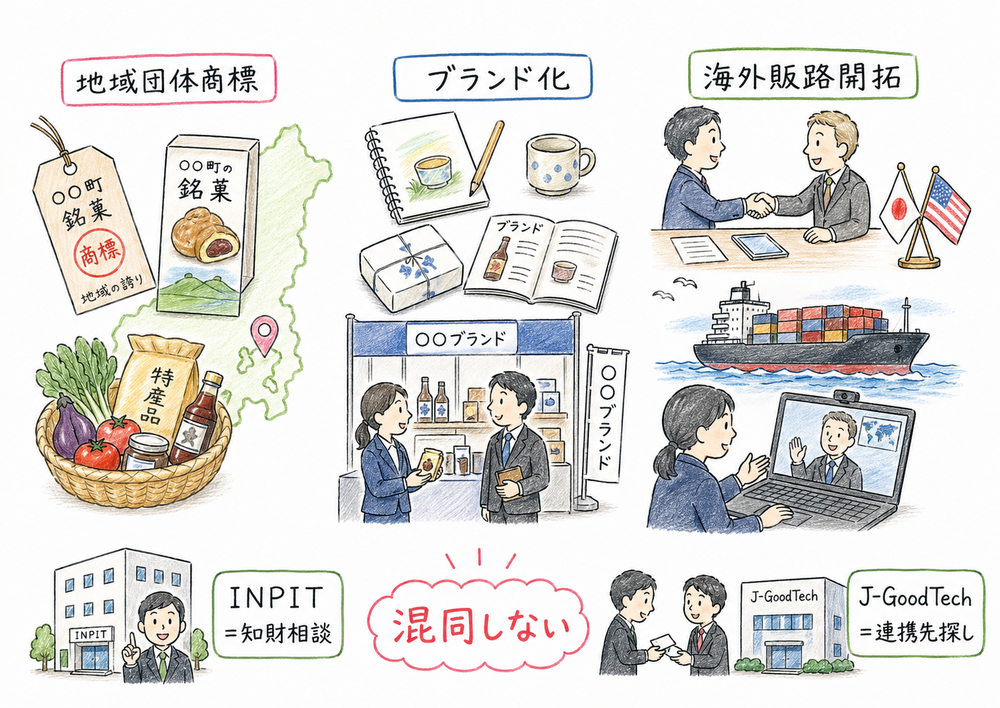 地域団体商標、ブランド化、海外販路開拓、INPIT、J-GoodTechの役割を混同しないための手書き風図解