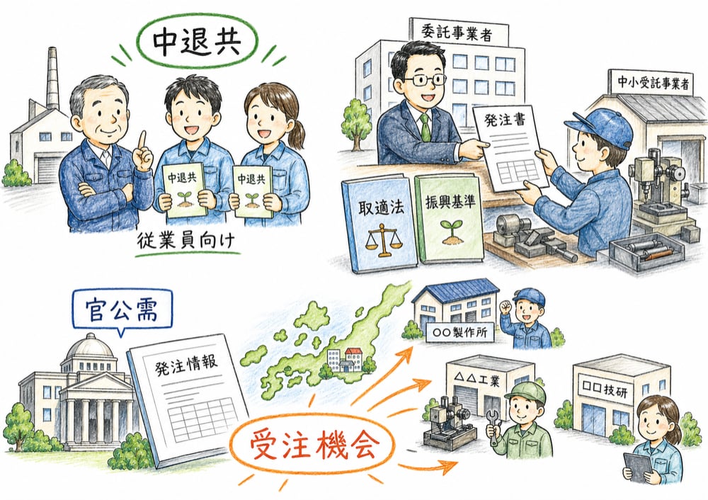 中退共、中小受託取引の適正化、官公需による受注機会の拡大を一枚で整理する図解