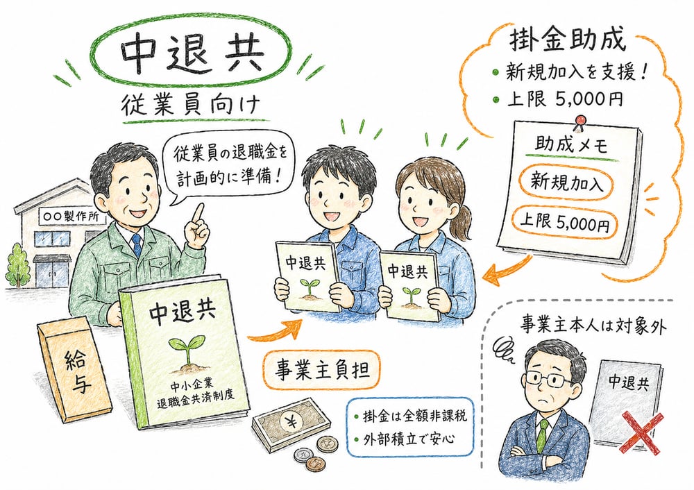 事業主負担と新規加入助成を含めて中退共が従業員向け制度であると示す図解