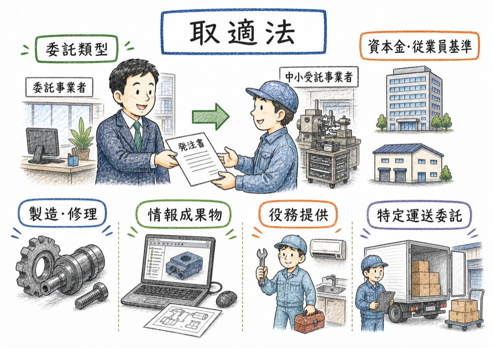 委託事業者と中小受託事業者の取引を委託類型と資本金基準で整理する図解