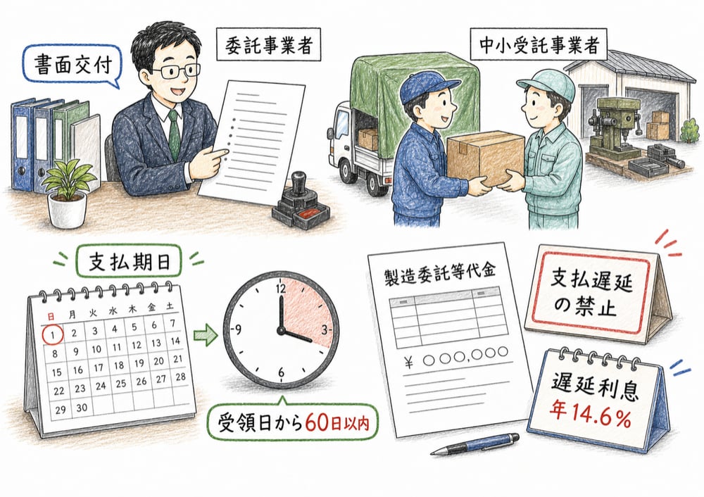 明示、支払期日、給付受領日から60日以内、遅延利息の義務を具体物で示す図解