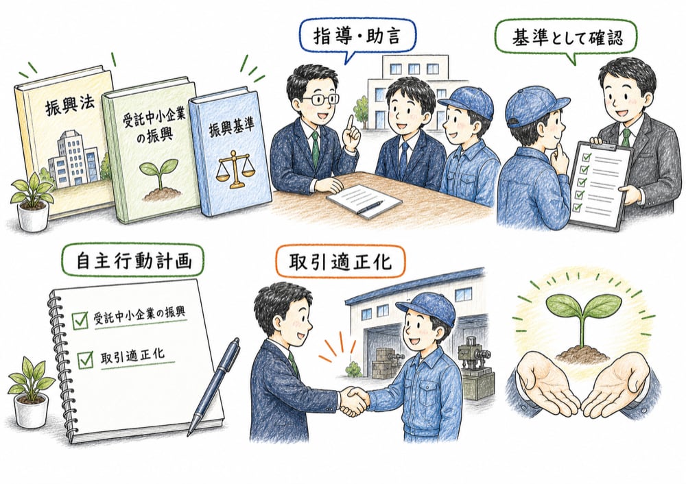 振興法と振興基準が指導助言や自主行動計画の基準として使われることを示す図解