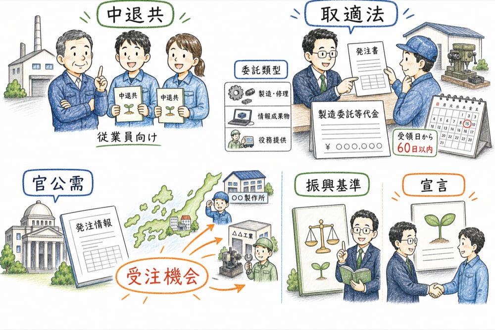 中退共、取適法、振興基準、宣言、官公需の要点をまとめて確認する図解