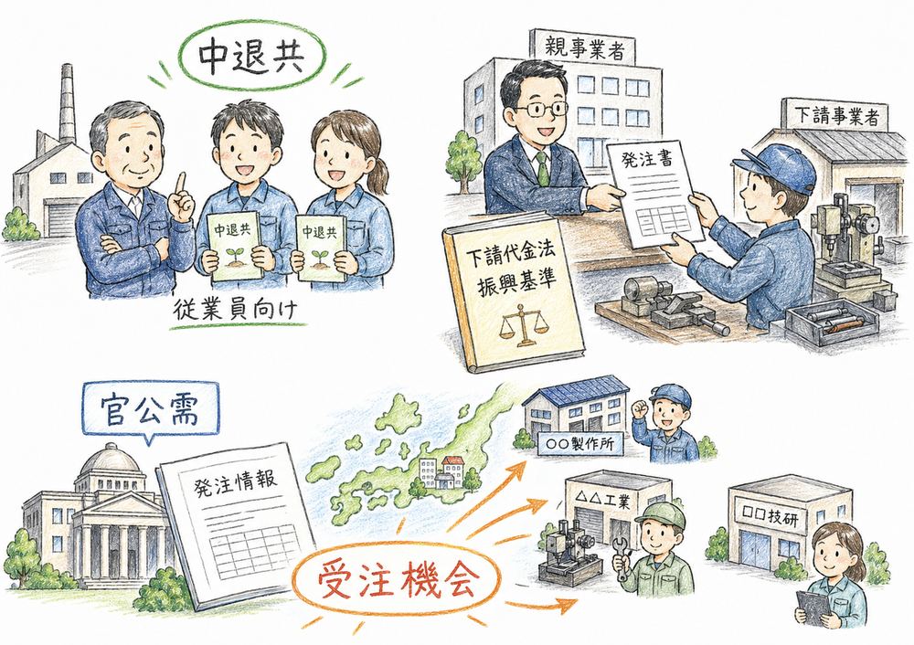 中退共、下請取引の適正化、官公需による受注機会の拡大を一枚で整理する図解