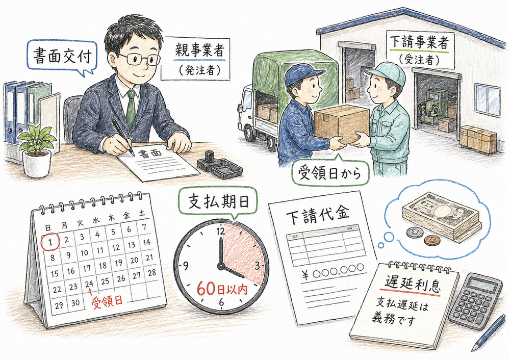 書面交付、支払期日、受領日から60日以内、遅延利息の義務を具体物で示す図解