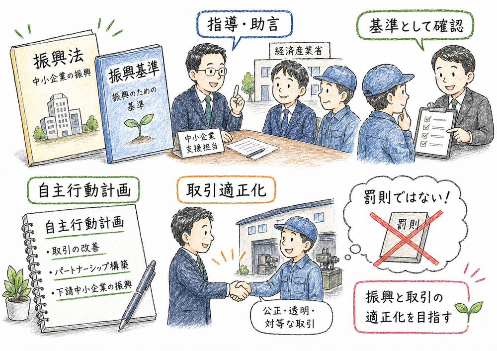 振興法と振興基準が指導助言や自主行動計画の基準として使われることを示す図解